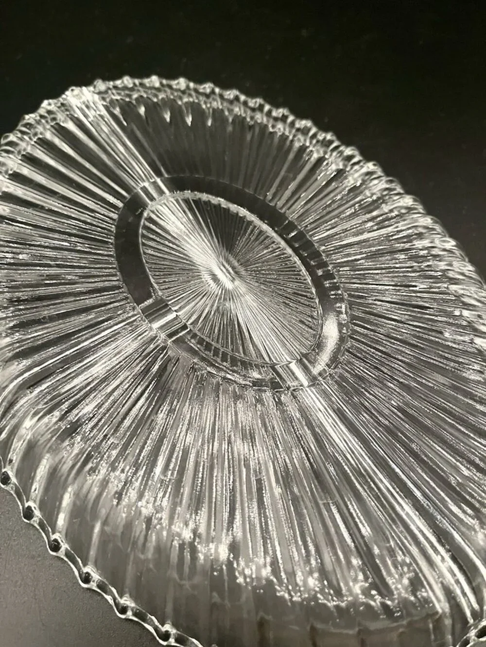 Retro Starburst Pressed Glass Divided Relish Dish 8.5” Scalloped Edge Ribbed